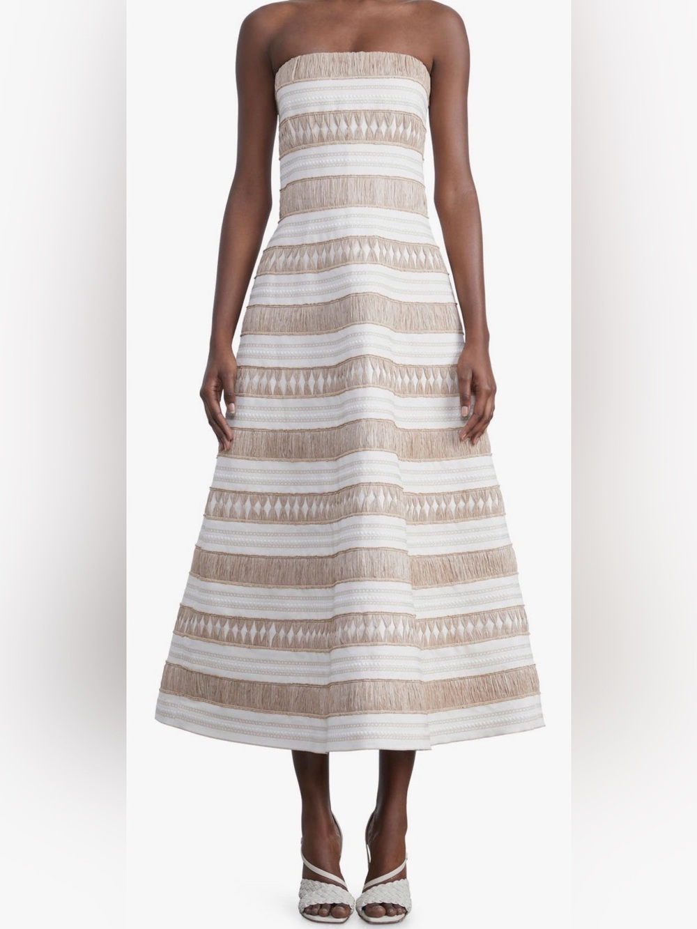 Lafayette 148 New York Strapless A-Line Midi Skirt in White and Tan Size 6